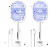 Paquete de 2 matamoscas eléctrico, 4000 V, raqueta de mosquitos 2 en 1 con batería recargable de 1200 ml, lámpara morada para matar mosquitos con red de seguridad de 3 capas, adecuada para interiores