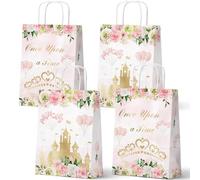 Paquete de 24 bolsas de regalo de fiesta de princesa, Once Upon a Time bolsas de papel con asas, suministros de fiesta de cumpleaños de princesa floral para niñas