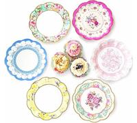 Paquete de 24 platos de papel floral vintage con borde festoneado | Vajilla desechable y exquisita para cumpleaños o fiesta en el jardín, té de la tarde, baby shower o bodas, 17,5 cm