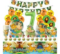 Paquete de decoración de fiesta de 84 piezas de Rey León, decoración de cumpleaños para niños de 7 años, vajilla de cartón, platos, vasos, globos, decoración de fiesta para 10 personas