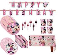Paquete de suministros para fiesta de cumpleaños de Minnie Mouse: Platos grandes/pequeños, vasos, servilletas, mantel de mesa, pancarta, velas - para 16 invitados