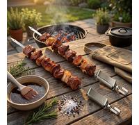 Para brochetas de barbacoa de acero inoxidable de alta resistencia con varilla de empuje, herramientas planas de metal para parrilla Shish Kabob, pinchos reutilizables para horno y fogata, juego a