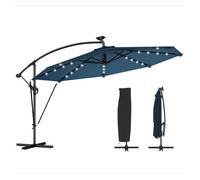 Parasol excéntrico con luces led solares ø345 cm sombrilla jardín de aluminio con base cruzada manivela funda azul