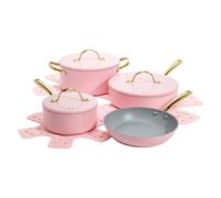 Paris Hilton Iconic Juego de ollas y sartenes antiadherentes, revestimiento antiadherente multicapa, tapas a juego con asas doradas, fabricado sin PFOA, juego de utensilios de cocina aptos para
