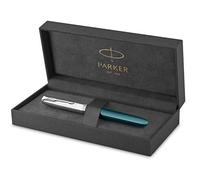 Parker 51 pluma estilográfica | cuerpo azul verdoso con adorno cromado | plumín fino con cartucho de tinta negra | estuche de regalo