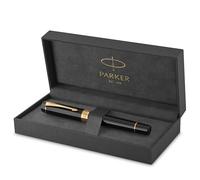 Parker Duofold Classic | pluma estilográfica Centennial con adornos bañados en oro | plumín fino de oro macizo | tinta negra y convertidor