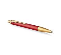 Parker IM bolígrafo | Lacado en rojo Premium con adornos dorados | Punta mediana con recambio de tinta azul | Estuche de regalo