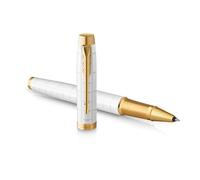 Parker IM bolígrafo roller | Lacado en color perla Premium con adornos dorados | Punta fina con recambio de tinta negra | Estuche de regalo