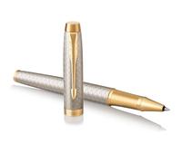 Parker Pens Bolígrafo Roller IM – Punto fino, plata con adorno dorado, tinta negra, estuche