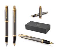 PARKER IM Core Pluma estilográfica y bolígrafo con grabado | Bolígrafo premium | Caja de regalo | mina negra | Regalo personalizado | Nombres | Grabado | Aniversario | Cumpleaños (Grey G.T.)