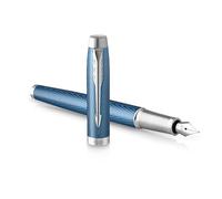 Parker IM pluma estilográfica | Azul-gris Premium con adornos cromados | Punta fina con recambio de tinta azul | Estuche de regalo