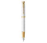 Parker IM pluma estilográfica | Lacada en color perla Premium con adornos dorados | Punta mediana con recambio de tinta azul | Estuche de regalo