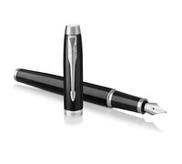 Parker pluma estilográfica IM, lacada negra, adorno cromado, plumín mediano, recambio tinta azul