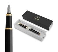Parker IM pluma estilográfica | lacada en negro con adorno dorado | plumín fino y recambio de tinta azul | en estuche de regalo