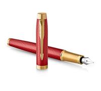 Parker IM pluma estilográfica | Lacada en rojo Premium con adornos dorados | Punta fina con recambio de tinta azul | Estuche de regalo