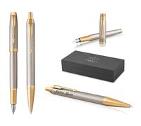 PARKER IM Premium Pluma estilográfica y bolígrafo con grabado | Bolígrafo premium | Caja de regalo | tinta azul | Regalo personalizado | Aniversario | Cumpleaños (Warm Silver G.C.)