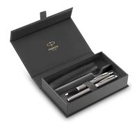 Parker IM Set de regalo Duo Pen | Pluma estilográficabolígrafo y estuche | Acabado en acero inoxidable con adornos cromados | Punta media | Recargas de tinta azul | Regalos de graduación perfectos