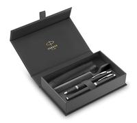 Parker IM Set de regalo Duo Pen | Pluma estilográficabolígrafo y estuche | Acabado lacado negro con adornos cromados | Punta media | Recargas de tinta azul | Regalos de graduación perfectos