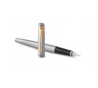 Parker Pluma estilográfica Jotter, acero inoxidable, dorado, plumín mediano, azul, estuche regalo