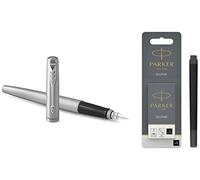 PARKER Jotter Pluma estilográfica, cuerpo de acero inoxidable con adorno cromado, plumín mediano y tinta azul + Quink recambios para plumas estilográficas, cartuchos largos, tinta negra