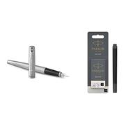 PARKER Jotter - Pluma Estilográfica, Cuerpo De Acero Inoxidable Con Adorno Cromado + Quink Recambios Para Plumas Estilográficas, Cartuchos Largos, Tinta Negra, Paquete De 10