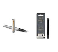 PARKER Jotter - Pluma estilográfica, cuerpo de acero inoxidable con adorno dorado, plumín mediano y tinta azul + recambios para plumas estilográficas, cartuchos largos, tinta negra