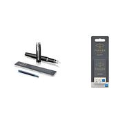 Parker - Pluma estilográfica con adorno cromado, plumín mediano y recambio de tinta azul, lacada en negro + Pack de 10 recambios para plumas estilográficas, cartuchos largos de tinta azul lavable