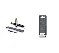 Parker - Pluma estilográfica con adorno cromado, plumín mediano y recambio de tinta azul, lacada en negro + Pack de 10 recambios para plumas estilográficas, cartuchos largos, tinta negra