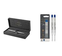 PARKER Sonnet Bolígrafo (de acero inoxidable, con adorno acabado en paladio y punta media, en estuche) + Quinkflow recambio para bolígrafo de punta mediana, azul, paquete de 2