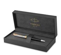 Parker Sonnet Bolígrafo | Premium metal y lacado brillo negro con acabado chapado en oro | Punta mediana con recarga de tinta negra | Caja de regalo