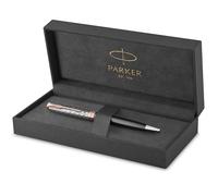 Parker Sonnet Bolígrafo | Premium metal y lacado gris con acabado chapado en oro rosa | Punta mediana con recarga de tinta negra | Caja de regalo