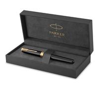 Parker Sonnet Pluma estilográfica | Lacada en negro con adorno dorado | plumín mediano | en estuche de regalo