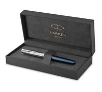 PARKER Sonnet Pluma Estilográfica | Premium metal y lacado azul con acabado cromado | Plumín fino de oro de 18 quilates con cartucho de tinta negra | Caja de regalo