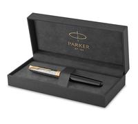 Parker Sonnet Pluma Estilográfica | Premium metal y lacado brillo negro con acabado chapado en oro | Plumín fino de oro de 18 quilates con cartucho de tinta negra | Caja de regalo