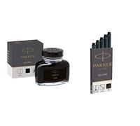 PARKER tintero de tinta líquida quink para plumas estilográficas, 57 ml, en caja, color negro + Quink recambios para plumas estilográficas, cartuchos largos, tinta negra, caja de 5