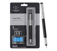 Parker Vector Mettalix - Pluma estilográfica con borde cromado y botella de tinta Quink, color azul, recargable para profesionales, estudiantes, ergonómicamente elaborada para una escritura cómoda y