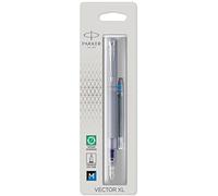 PARKER VECTOR XL - Pluma estilográfica, color azul plateado metálico sobre latón, pluma media, cartucho de tinta azul, blíster
