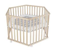 Parque infantil roba hexagonal con colchón del diseño 'Little Stars' - haya maciza - parque regulable en altura en 3 niveles - móvil y seguro gracias a las ruedas con freno - madera natural