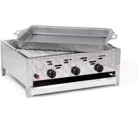 Parrilla a gas combinada con plancha, 11 kW, con tres quemadores de acero inoxidable, rejilla para asar y sartén de acero. Parrilla profesional para uso gastronómico