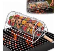 Parrilla Barbacoa Giratoria de Acero Inoxidable 304 Accesorios Barbacoa | Parrillas 2 en 1 para Barbacoas con Mango de Madera Desmontable y Soporte Giratorio Ldeal para Verduras Mariscos Parrillas