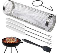 Parrilla de acero inoxidable con rejilla, ideal para barbacoas al aire libre. Incluye tubo de gas y una gran caja cilíndrica para parrilla. Es imprescindible utilizar accesorios adecuados. Perfecta pa