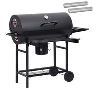 vidaXL Parrilla de barril con ruedas y estantes 3 piezas 115x85x95 cm metal negro