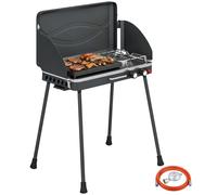 Parrilla de gas portátil, 2 quemadores, 7 kW, 2 en 1: parrilla de mesa con función de asador. Incluye patas plegables, rejilla para asar, protector contra el viento y tapa con cierre
