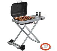 Parrilla de gas portátil, de un solo quemador, con carro de 2,5 kW, que incluye: rejilla para asar, mesa lateral, tapa y termómetro. El carro es plegable