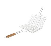 Parrilla doble rectangular de 34 x 22 cm de acero cromado con mango de madera - perfecta para asar a la parrilla