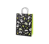 PartyDeco Bolsa de regalo para gamers con asa, 10 x 24 x 32 cm, color negro, blanco y amarillo