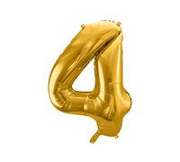 PartyDeco Globo de helio número 4 – decoración de cumpleaños, dorado, 86 cm