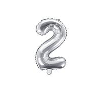 PartyDeco - Globo de Mylar con Forma de número 2, Dos de Plata, 35 cm, para cumpleaños, Adulto o niño