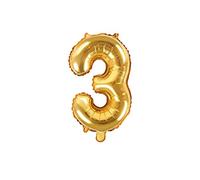 PartyDeco- Globo Mylar con forma de número 3 tres dorados 35 cm cumpleaños adulto niño color FB10M-3-019