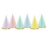PartyDeco, Gorras de cono de colores pastel con borde dorado, 6 unidades